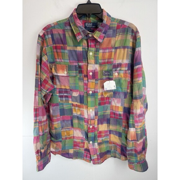 Polo Ralph Lauren Men's Classic-Fit Patchwork Madras Workshirt Shirt Size: Large - Picture 4 of 8